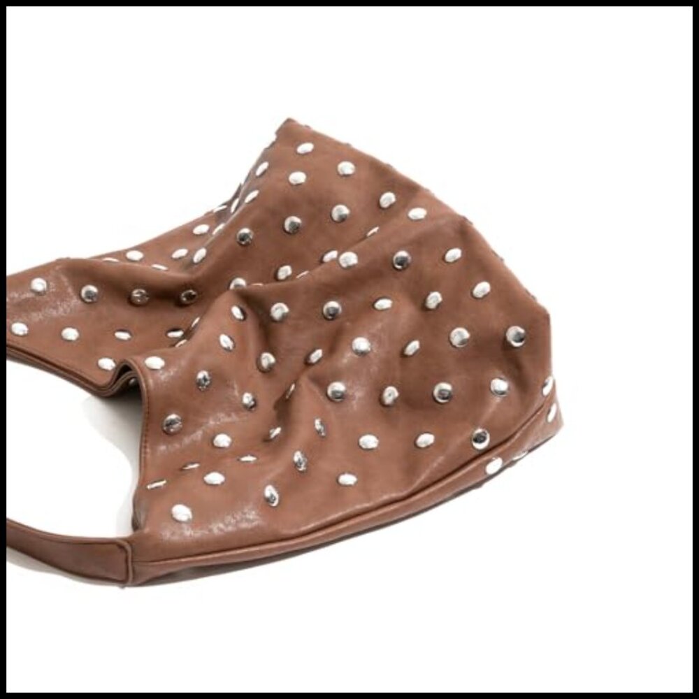 Studded Vegan Leather Hobo Bag Slouchy Shoulder Tote Y2K Punk Chic - Picture 4 of 7